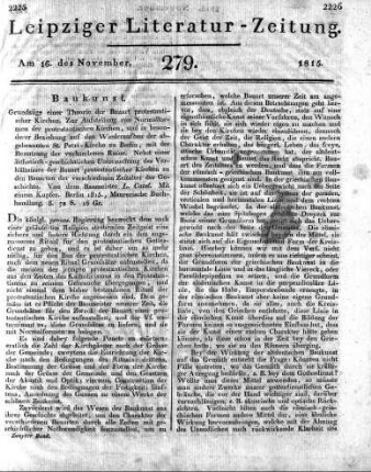 Grundzüge einer Theorie der Bauart protestantischer Kirchen. Zur Aufstellung von Normalformen der protestantischen Kirchen, und in besonderer Beziehung auf den Wiederaufbau der abgebrannten St. Petri-Kirche zu Berlin, mit der Benutzung der vorhandenen Ruine. Nebst einer ästhetisch-geschichtlichen Untersuchung des Verhältnisses der Bauart protestantischer Kirchen zu den Bauarten der verschiedenen Zeitalter der Geschichte. Von dem Baumeister L. Catel. Mit einem Kupfer. Berlin 1815., Maurerische Buchhandlung. 8. 72 S.