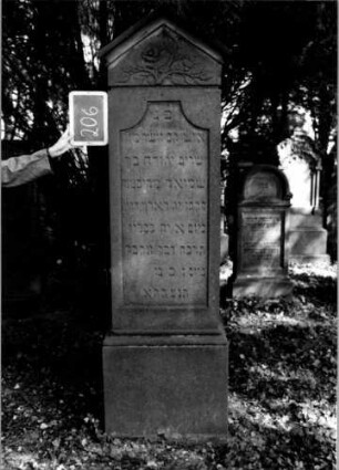 Grabstein 206 (Index: 100112197) Material: Sandstein Zustand: gut Maße HxBxT: 210x60x30 cm Beschreibung: Stele, profilierter Sockel, giebelartiger Abschluß mit Verdachung, Schriftfeld eingetieft mit Eselsrückenabschluß Symbolik: geknickte Rose: Grabstein 206