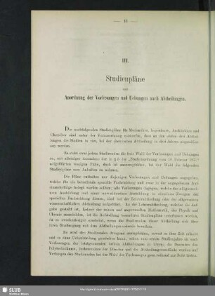 III. Studienpläne und Anordnung der Vorlesungen und Uebungen nach Abtheilungen