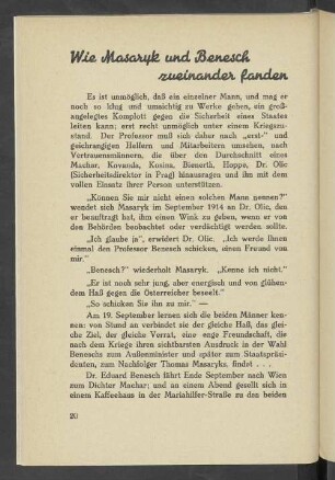 Wie Masaryk und Bensch zueinander fanden