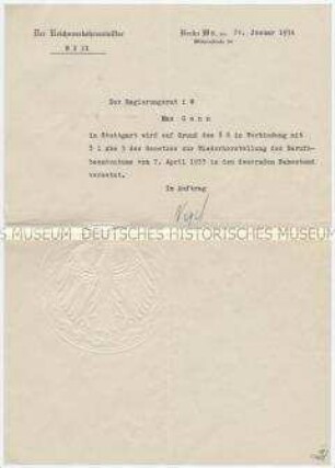 Bescheinigung über die Versetzung eines Beamten in den Ruhestand auf der Grundlage des Gesetzes zur Wiederherstellung des Berufsbeamtentums