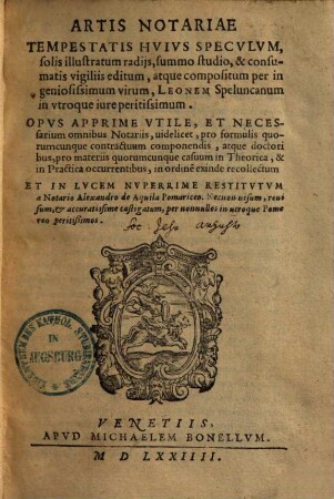 Artis notariae tempestatis huius speculum solis illustratum radiis