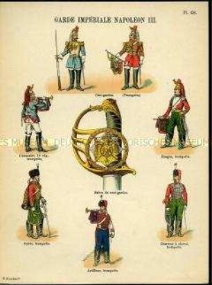 Uniformdarstellung, Gemeiner und Trompeter der Cent-Gardes, Trompeter der Kürassiere, Dragoner, Guiden, Jäger zu Pferde und der Artillerie der Kaiserlichen Garde, Detailstudie Säbelgriff, Zweites Kaiserreich Frankreich, 1854/1855.