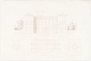 Architektonische Entwürfe für den vorhandener Gebäude, Potsdam 1845-49. Das Königliche Civil-Kabinets-Haus bei Sanssouci, Potsdam Umbau: Tafel 3. Die alte und neue Fassade der südlichen Front