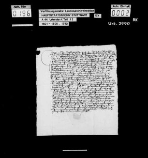 Hans Lutz zu Erdmannshausen, wegen Beteiligung am Bauernaufruhr zum Verlassen des Amts Marbach verurteilt, jedoch auf Fürbitten des Junkers Jakob von Bernhausen gegen eine Geldstrafe von 3 fl und die Zusage, Wehr und Harnisch abzulegen, begnadigt, schwört U. und verspricht, fortan keine Wehr außer einem abgebrochenen Brotmesser zu tragen und offene Zechen zu meiden.