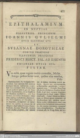 Epithalamium In Nuptias Illustriss. Prinicpum Joannis Gulielmi Ducis Saxoniae Etc. Et Susannae Dorotheae Comitis Palatinae Illustriss. Principis Friderici Elect. Pal. Ad Rhenum Boiariae Ducis Etc. Filiae