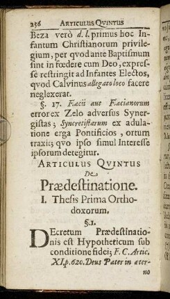 Articulus Quintus De Prædestinatione.