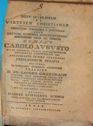 De nexu inter fidem et virtutem Christianam dissertatio theologica I. inauguralis