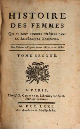 Histoire des Femmes cèlébres dans la Litterature Françoise, Tom. 2 (1771)
