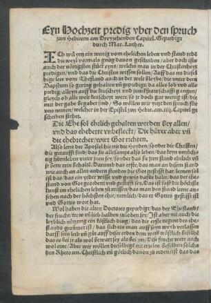 Eyn Hochzeit predig uber den spruch zun Hebreern am Dreyzehenden Capitel. Gepredigt durch Mar. Luther.