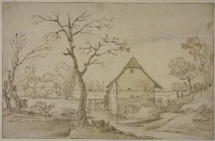 Flache Landschaft mit Wassermühle