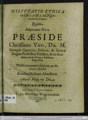 Disputatio ethica ex Lib. 1, 2 et 3 ad Nicomachum excerpta