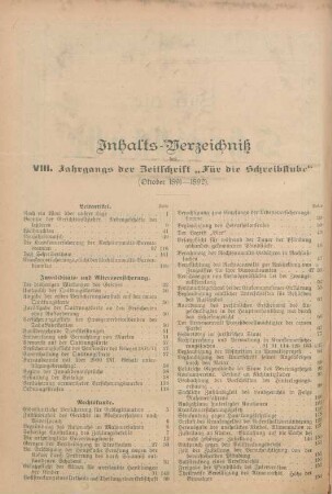 Inhalts-Verzeichniß des VIII. Jahrgangs der Zeitschrift "Für die Schreibstube"