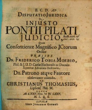 Disputatio juridica de injusto Pontii Pilati judicio