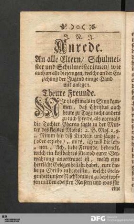 Anrede. An alle Eltern/ Schulmeister und Schulmeisterinnen...