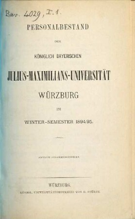 Personalbestand der Königlich-Bayerischen Julius-Maximilians-Universität Würzburg. 1894/95. WS.