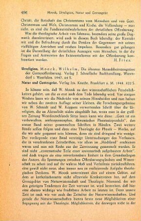 496-497 [Rezension] Moock, Wilhelm, Urreligion