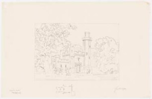 Schloss Babelsberg, Potsdam (?): Perspektivische Ansicht der Eingangsseite, Skizze eines Grundrisses