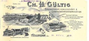 Briefbogen mit Firmenansicht CH. H. Gültig, (Heinrich Gültig) Baumaterialien und Zementwaren