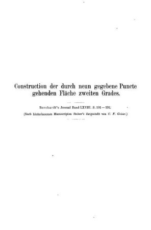 Construction der durch neun gegebene Puncte gehenden Fläche zweiten Grades.