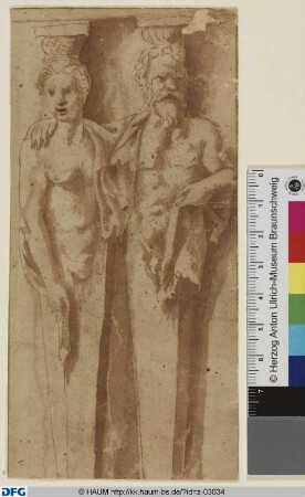 Zwei Karyatiden in Gestalt von männlichen Hermen
