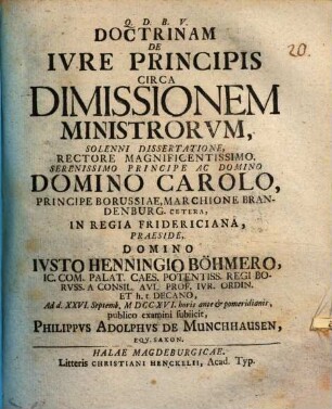 Doctrinam De Ivre Principis Circa Dimissionem Ministrorvm
