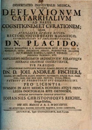 Dissertatio Inavgvralis Medica, Sistens Deflvxionvm Catarrhalivm Ad Nares Cognitionem Et Cvrationem