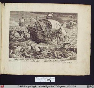Schiff auf hoher See, von Meeresungeheuern umgeben