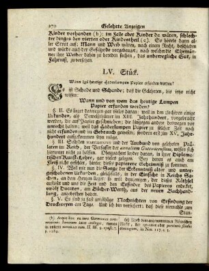 LV. Stück. Wann das heutige Haderlumpen Papier erfunden worden?
