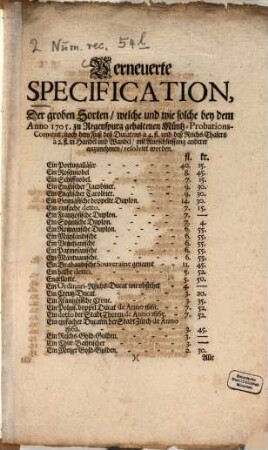Verneuerte Specification, Der groben Sorten, welche und wie solche bey dem Anno 1705. zu Regenspurg gehaltenen Müntz-Probations-Convent, nach dem Fuß deß Ducatens à 4. fl. und deß Reichs-Thalers à 2 fl. in Handel und Wandel, mit Ausschliessung anderer anzunehmen, resolvirt worden