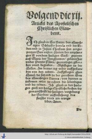 Volgend die xii. Artickel des Apostolischen Christlichen Glaubens.