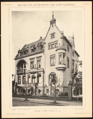 Wohnhaus Friedrichstraße, Halle/Saale: Ansicht (aus: Blätter für Architektur und Kunsthandwerk, 10. Jg., 1897, Tafel 85)