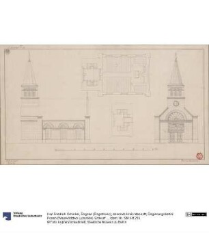Rogsen (Rogoziniec), ehemals Kreis Meseritz, Regierungsbezirk Posen (Województwo Lubuskie). Entwurf zur evangelischen Kirche. Zwei Grundrisse, Seiten- und Vorderansicht