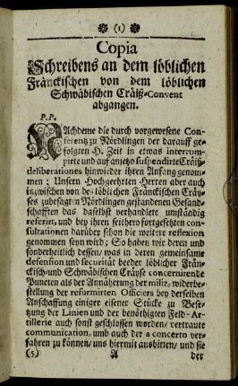 Copia Schreibens an dem löblichen Fränckischen von dem löblichen Schwäbischen Cräiß-Convent abgangen.