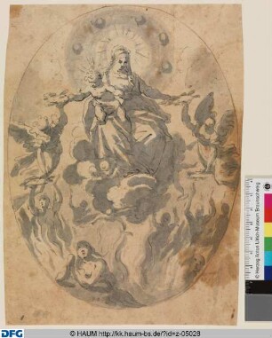 Maria mit Kind auf Wolken, beide an schwebenden Engel Kränze gebend, Hochovale Komposition in einem Rahmen.