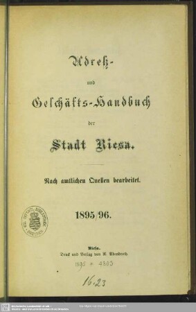 1895/96(1895): Adreß- und Geschäfts-Handbuch der Stadt Riesa