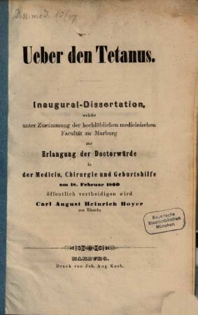 Ueber den Tetanus : (Inaug. Diss.)