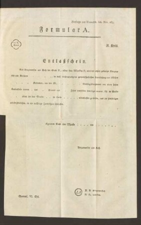 Beylage zur Verordn. sub. Nro. 285: Formular A