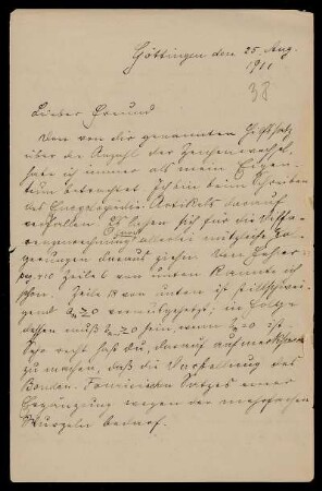 Nr. 20: Brief von Carl Runge an Adolf Hurwitz, Göttingen, 25.8.1911