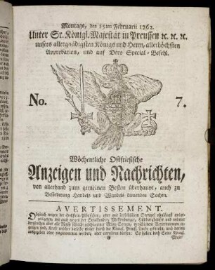 No. 7. Montags, den 15ten Februarii 1762.