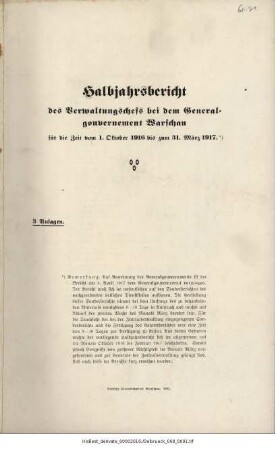 Halbjahrsbericht des Verwaltungschefs bei dem General-Gouvernement Warschau