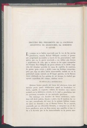 Discurso del Presidente de la Sociedad Argentina de Escritores, Dr. Roberto F. Giusti