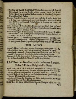 Libri Theol. Fut. Nundinis prodit. Lutheranæ, Romano-Cathol. & Reform. Religionis Lat. Germ.