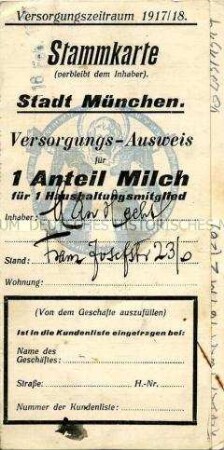 Stammkarte für den Bezug von einem Liter Milch