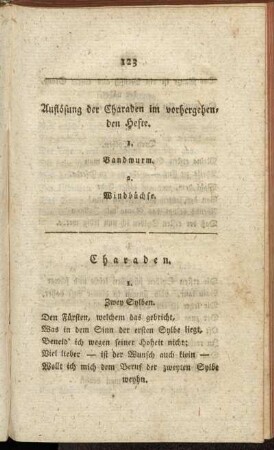 Auflösung der Charaden im vorhergehenden Hefte. - Charaden.