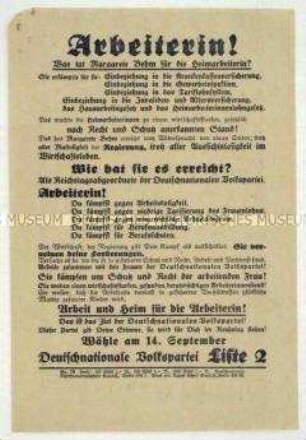 Propagandaflugblatt der DNVP zur Reichstagswahl 1930 mit Ausrichtung auf die Heimarbeiterinnen