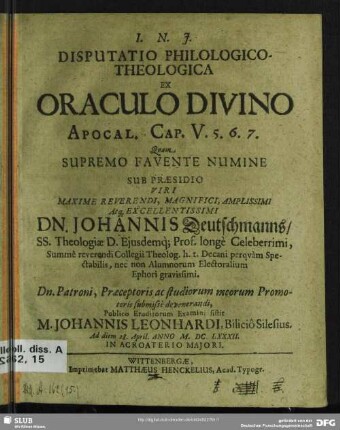 Disputatio philologico-theologica ex oraculo divino Apocal. Cap. V. 5. 6. 7.