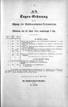 Tages-Ordnung No. 9. (103-114), 22. April 1914