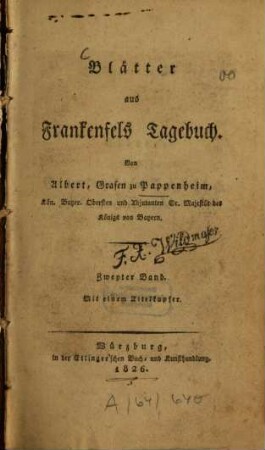 Blätter aus Frankenfels Tagebuch, 2. Band. Mit einem Titelkupfer