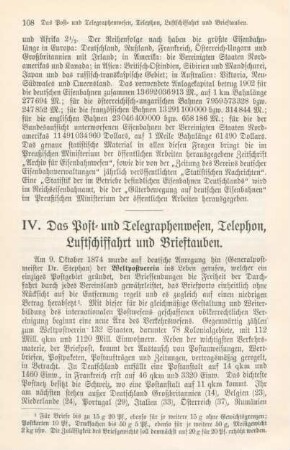IV. Das Post- und Telegraphenwesen, Telephon, Luftschiffahrt und Brieftauben